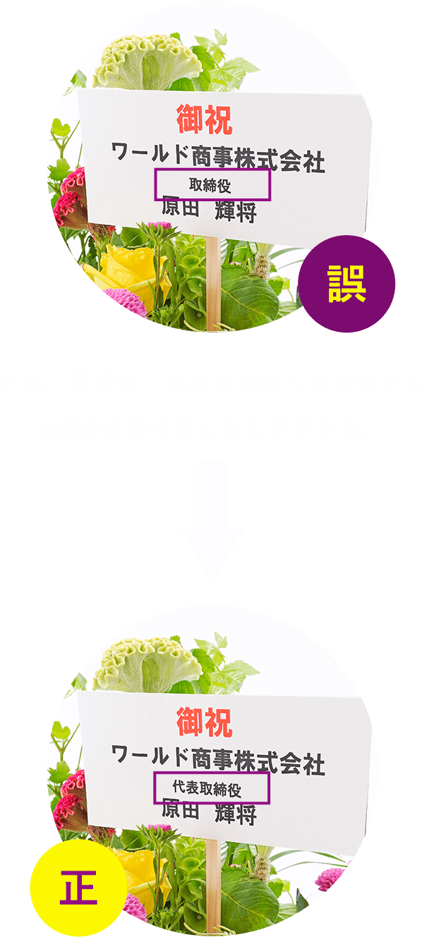 社名、肩書き、名前を間違った場合でも最短2時間で差し替えができる。