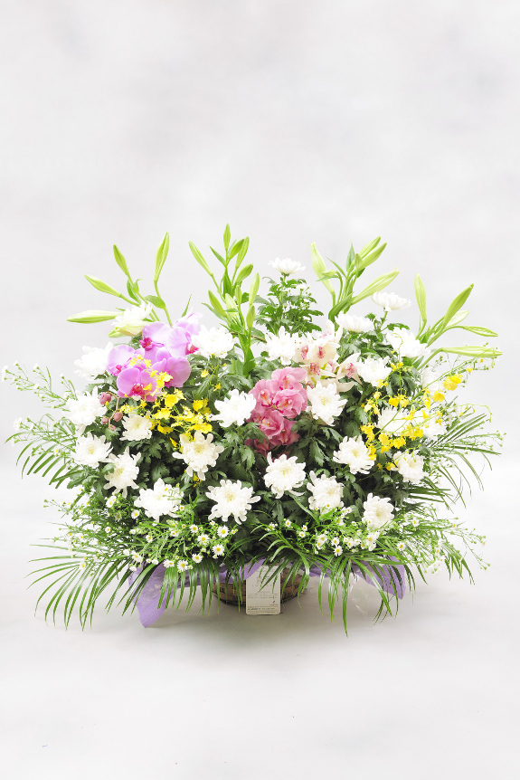 <p>２．５万円コースは標準クラスに比べ、菊の本数や花材のボリュームをアップしているため、お供え花ではとても大きな見栄えのする仕立てとなっております。</p>