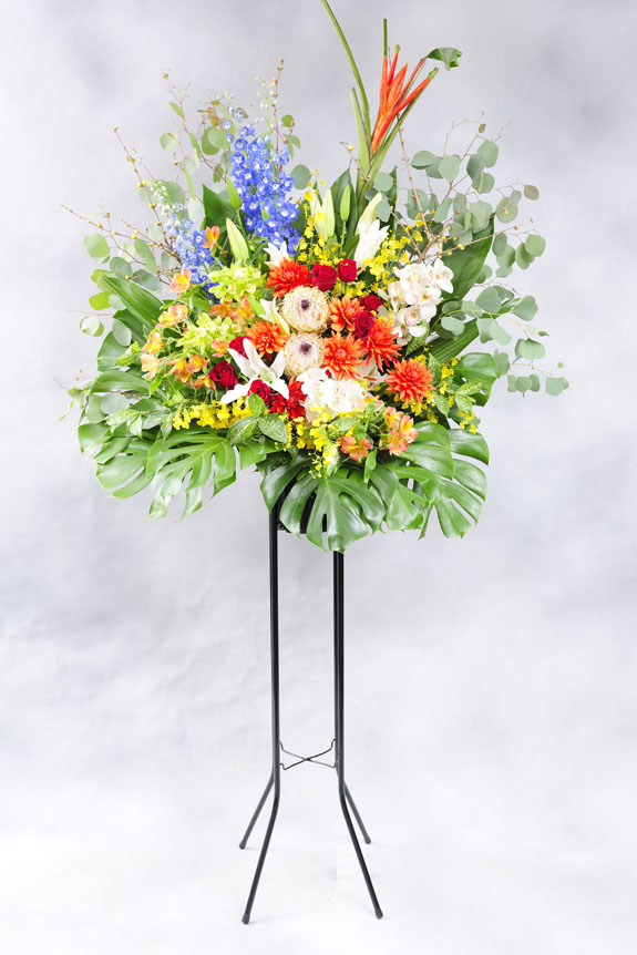 <p>お任せ・ミックス系の稀少花材でスタイリッシュに仕上げたスタンド花です。</p>