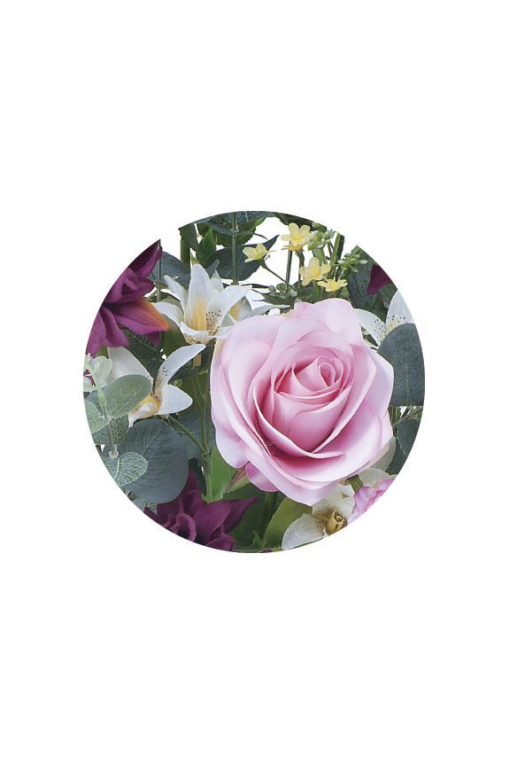 <p>リアリティを追求したピンクのバラとダリアが印象的な高級造花アート・アレンジメント</p>
