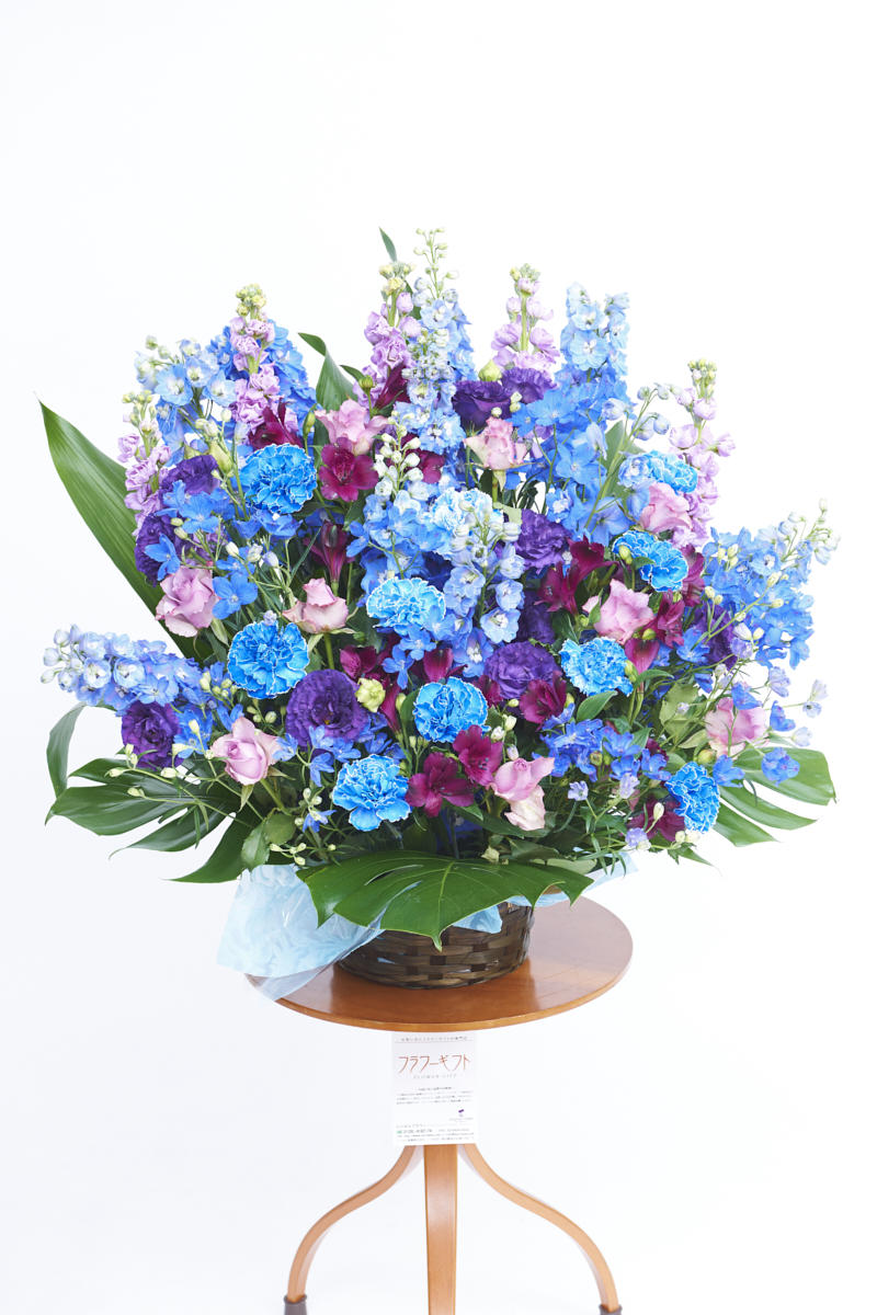 <p>ブルーとパープルの色合いがクールなお祝い事にぴったりの生花（アレンジメントフラワー）です。</p>