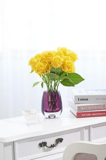 花瓶フラワー・フラワーベース　オーバル（紫）　黄色バラ12本