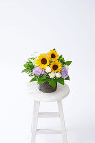 <center>ヒマワリが入った夏向けの<br>おまかせ仕立てアレンジ</center><center>	5,940円(税込)</center>