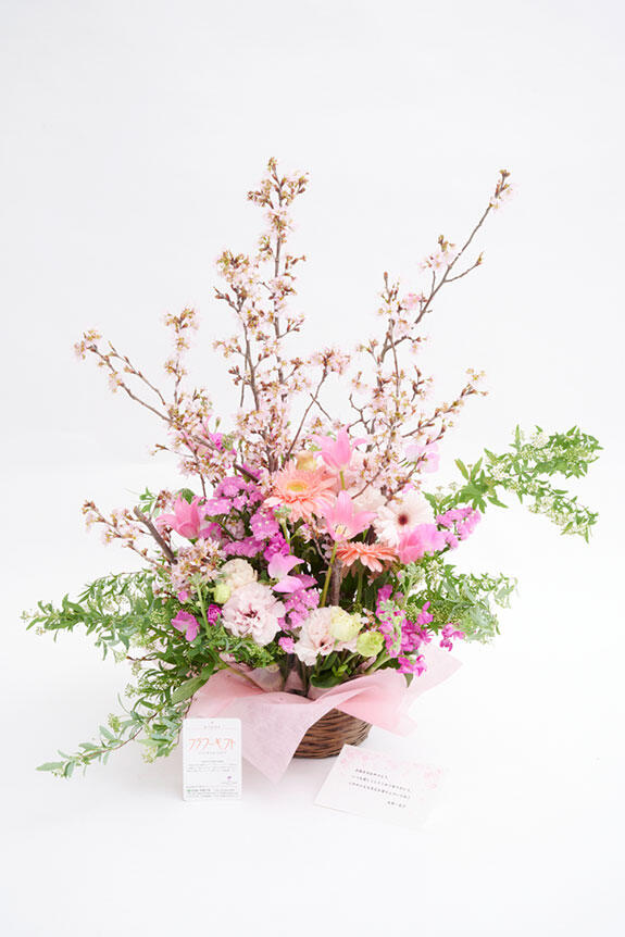 <p>桜とおまかせ花材仕立てた春のアレンジメントフラワーには、立札またはメッセージカードのいずれかを無料でお付けする事が可能です。</p>