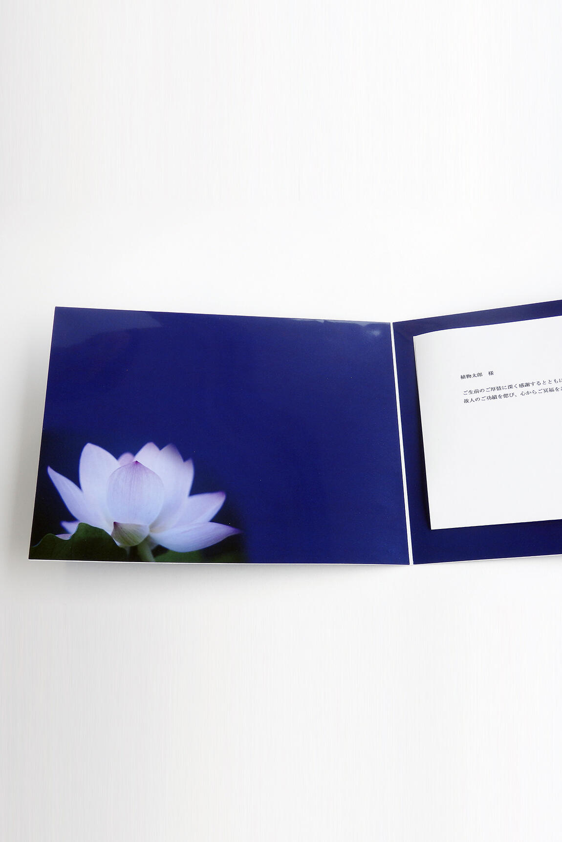 <p>中を開いても大きな蓮の花が印刷されているデザインの弔電台紙です。</p>