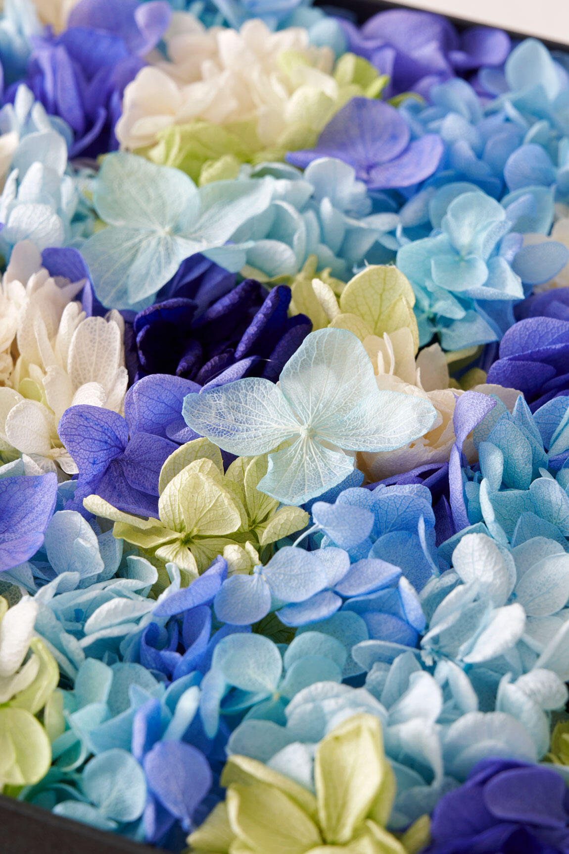 <p>青系や白系などの爽やかな寒色系のお花を、一つ一つ丁寧にハンドメイドで敷き詰めております。</p>