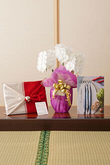 花とギフトのセット　胡蝶蘭ミディ（白）　3本立（27輪以上）とカタログギフト（dancyu/CA）風呂敷包み