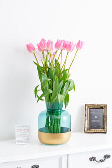 花瓶フラワー・フラワーベース　ブルー&ゴールド　チューリップ（ピンク系）15本の花束