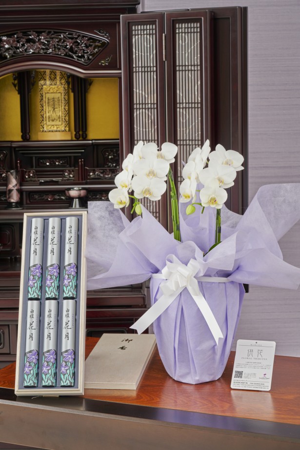 ＜ご自宅専用＞フューネラルミディ胡蝶蘭（白）　3本立（27輪以上）　［線香セット］