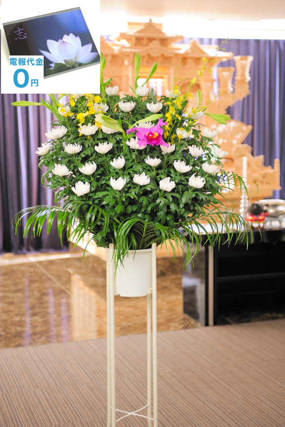標準的なコースよりも花材のボリュームを増やした供花スタンド（和花）2万円コースは、菊を中心とした豪華なお供え花です。
全国ご指定斎場でのお通夜、告別式に、お寺、ご自宅での法事に最短２時間で、弔電と一緒にお届けいたします。