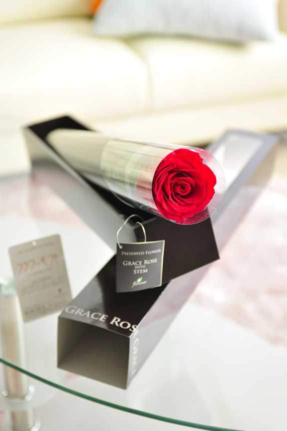 プリザーブドフラワーLuxury Rose（チェリーレッドト）は各種お祝い事の簡単なフラワーギフトや贈り物にオススメです。