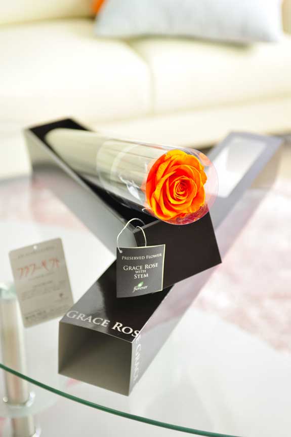 プリザーブドフラワーLuxury Rose（タンジェリンオレンジ）は各種お祝い事の簡単なフラワーギフトや贈り物にオススメです。