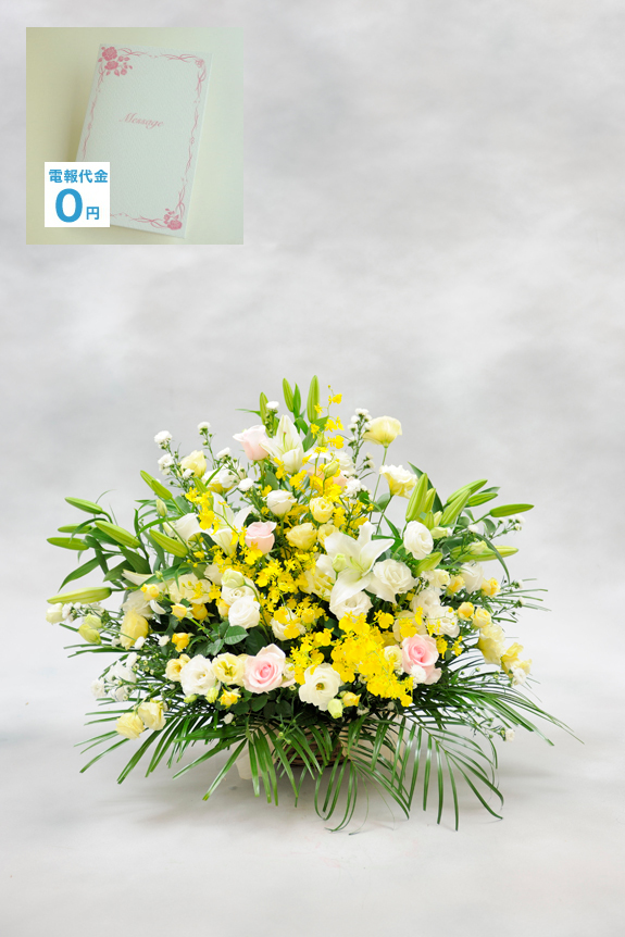 アレンジメントフラワーMサイズは清楚で柔らかい印象で白系のお花を中心にお仕立てして配達しております。開店祝いや移転祝いのお祝い花はもちろん、お祝いのシーンを選ばずにご利用頂ける万能な祝花としておすすめしております。