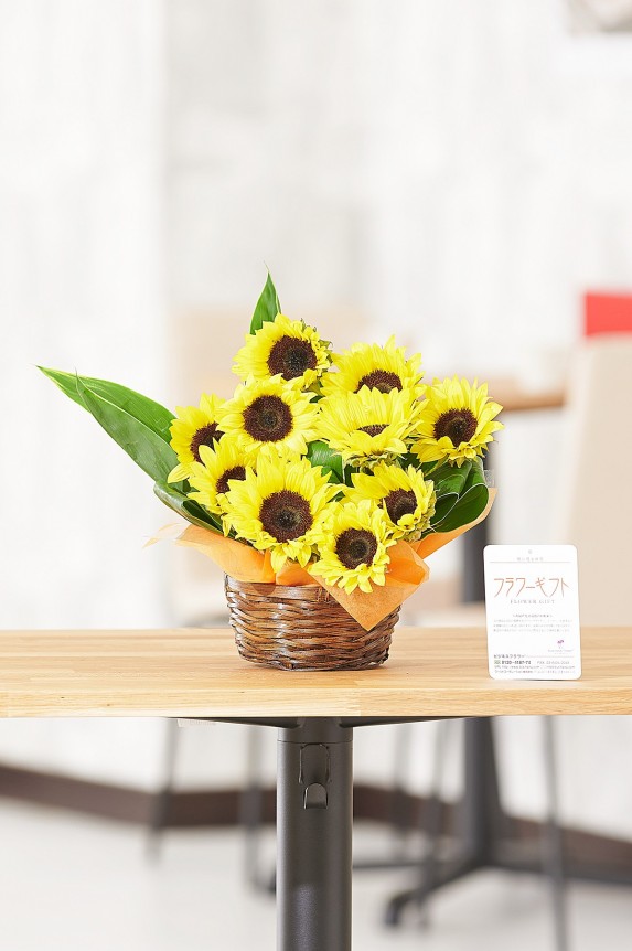 夏の時期しか販売しないひまわりのアレンジメントフラワー商品は、夏のお祝い事の贈り物としてお薦めです。