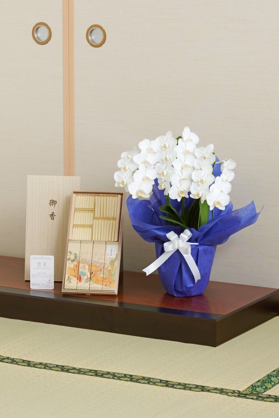 ご自宅宛てサイズとして人気のあるミディ（ミニ）サイズのお供え用胡蝶蘭（コチョウラン）にろうそくとお線香をセットでお届けするお得なフラワーギフトです。