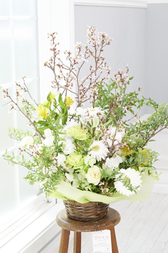日本の春を象徴する桜の花と季節のおまかせ花材で仕立てた、この季節にピッタリのアレンジメントフラワー商品は、お祝いの贈呈用フラワーギフト、プレゼント、贈り物にお薦めの商品です。