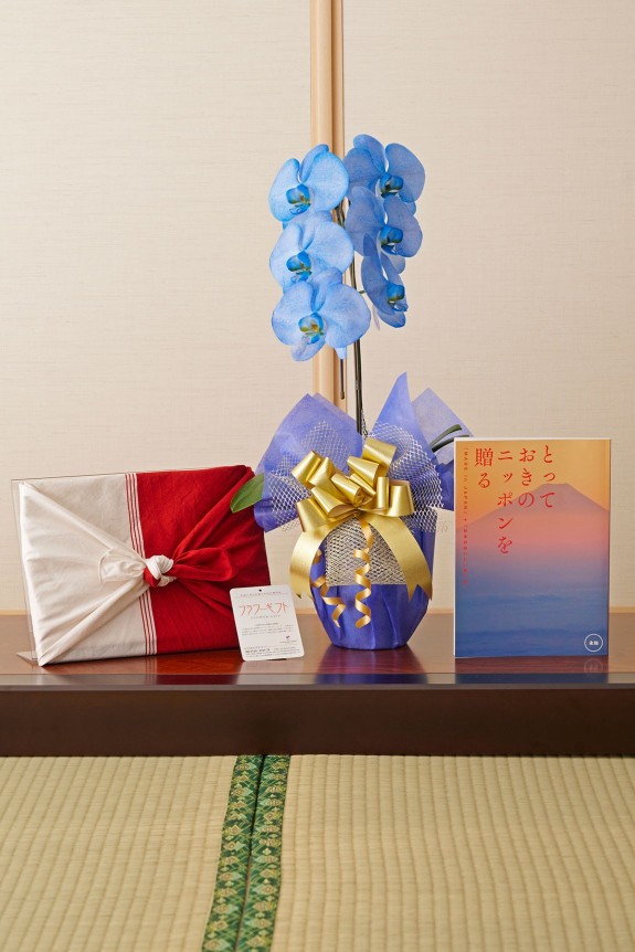 胡蝶蘭とカタログ（風呂敷包み）をセットでお届けいたします。