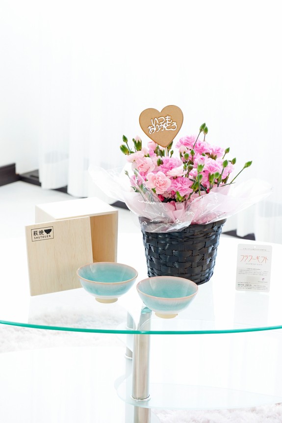 カーネーションの鉢植え、「いつもありがとう」の3D立体ピックを挿したお花と、老若男女問わず使用する事ができる萩焼のペアお茶碗をセットにしたフラワーギフト用の商品です。