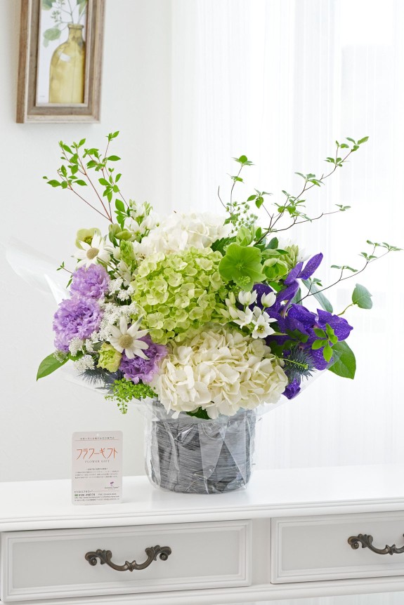 梅雨の代名詞ともいえるお花である紫陽花（アジサイ）を用いて仕立てるアレンジメントフラワーです。