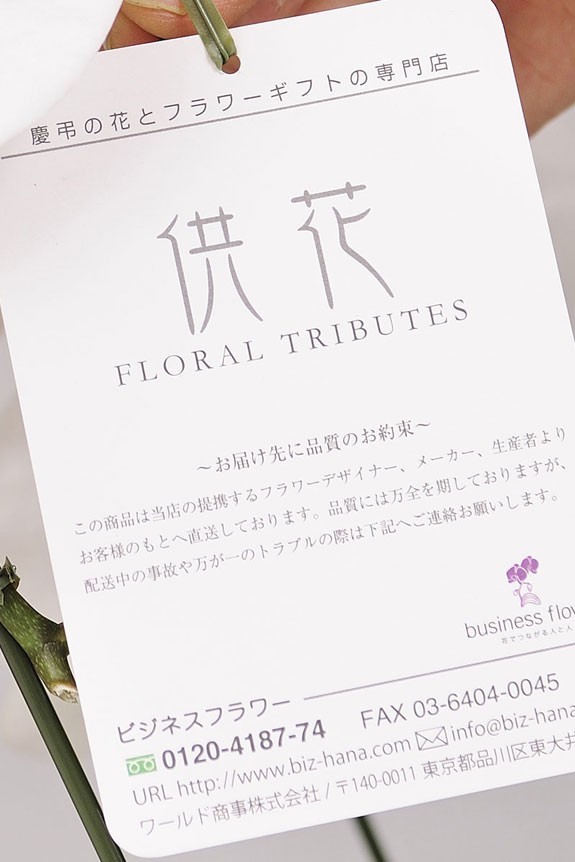 <p>万が一の際も安心！祝い花や供花を販売するネットの花屋ビジネスフラワー®の品質保証タグが付いています。</p>