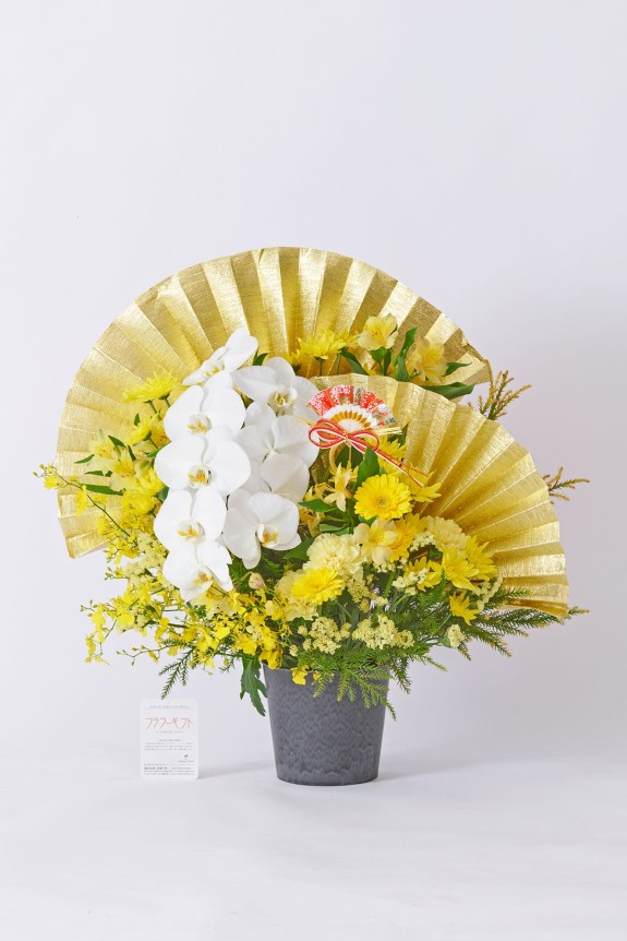 大きな黄金の扇飾りと純白の胡蝶蘭が目に留まる、大切なお祝いに相応しい豪華な黄色系のアレンジメントフラワーです。