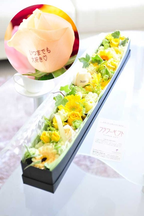 おひとつの花びらに最大20文字までのメッセージの文字入れができる、バラのボックスフラワーです。